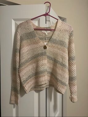 V-Neck Open Knit Stripe Pullover Sweater - Cream/Pastel